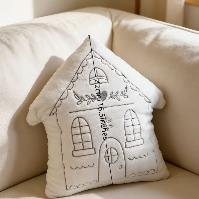 White Cottage Embroidered Gingerbread House Throw Pillow for Sofa Bed Decor - Image 4