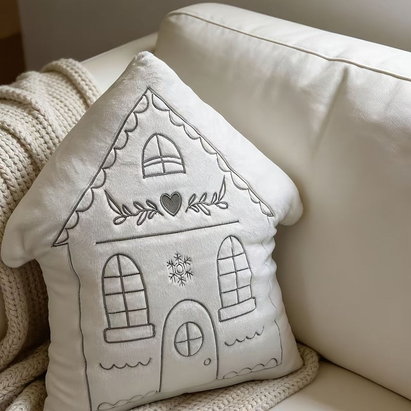 White Cottage Embroidered Gingerbread House Throw Pillow for Sofa Bed Decor - Image 5
