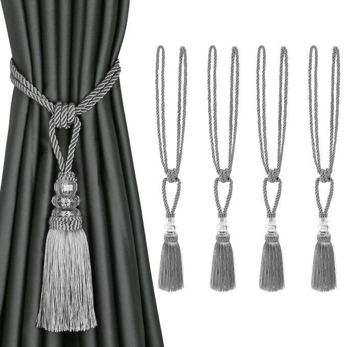 4 PACK CURTAIN HANDWOVEN TIEBACKS CRYSTAL HOLDBACKS HOME DECORATIVE TASSELS SILVER2 4 PACK