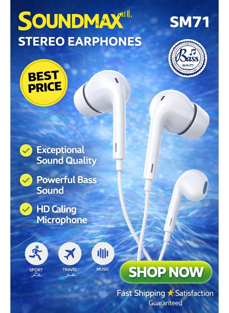 SoundMax SM71 High-Definition Wired Earphones | Deep Bass | Clear Stereo Sound | Lightweight & Comfortable | Universal 3.5mm Jack