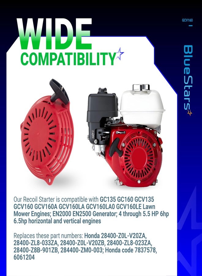 بادئ تشغيل BlueStars GCV160 يعمل بسحب الحبل - متوافق مع محركات جزازات العشب وغسالات الضغط GCV135 وGCV160 وEN2000 وEN2500 وHRU19 وGC135 وGC160، بديل للأرقام 28400-ZL8-023ZA و28400-ZL8-013ZA و284400-ZM0-003 - Image 4