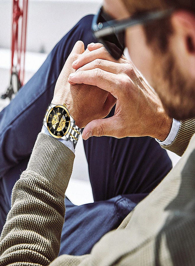 SYOSI ساعات ميكانيكية أوتوماتيكية للرجال، ساعة يد ميكانيكية فاخرة من الفولاذ المقاوم للصدأ مقاومة للماء باللون الأسود أوتوماتيكية بأرقام رومانية بمينا ماسي، ساعة عصرية للأعمال الكلاسيكية - Image 4