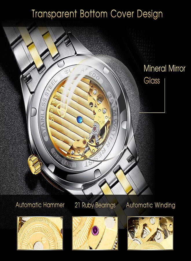 SYOSI ساعات ميكانيكية أوتوماتيكية للرجال، ساعة يد ميكانيكية فاخرة من الفولاذ المقاوم للصدأ مقاومة للماء باللون الأسود أوتوماتيكية بأرقام رومانية بمينا ماسي، ساعة عصرية للأعمال الكلاسيكية - Image 3