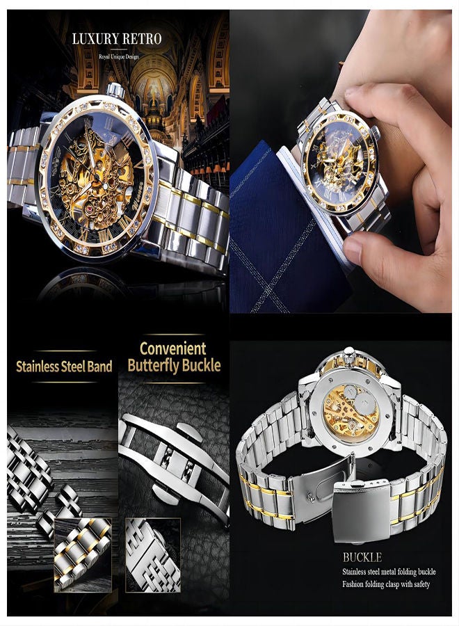 SYOSI ساعات ميكانيكية أوتوماتيكية للرجال، ساعة يد ميكانيكية فاخرة من الفولاذ المقاوم للصدأ مقاومة للماء باللون الأسود أوتوماتيكية بأرقام رومانية بمينا ماسي، ساعة عصرية للأعمال الكلاسيكية - Image 5