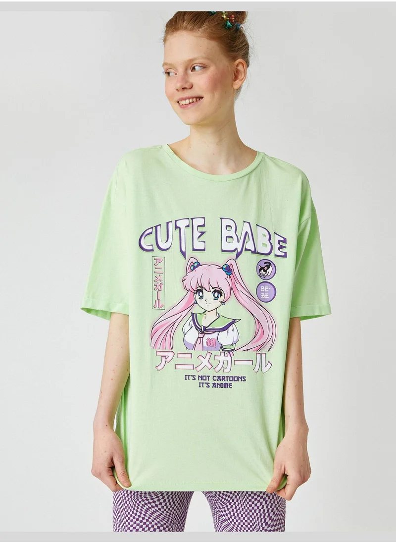 كوتون Printed Detailed Crew Neck T-Shirt