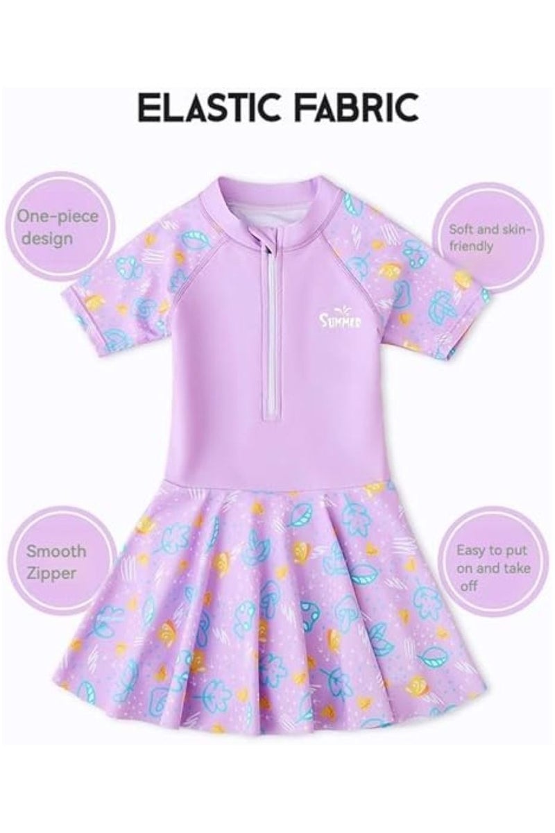 ملابس سباحة من قطعة واحدة للأطفال البنات برسوم كرتونية لطيفة، ملابس سباحة قصيرة وتنانير وملابس سباحة بأكمام قصيرة، ملابس سباحة صيفية سريعة الجفاف - Image 5