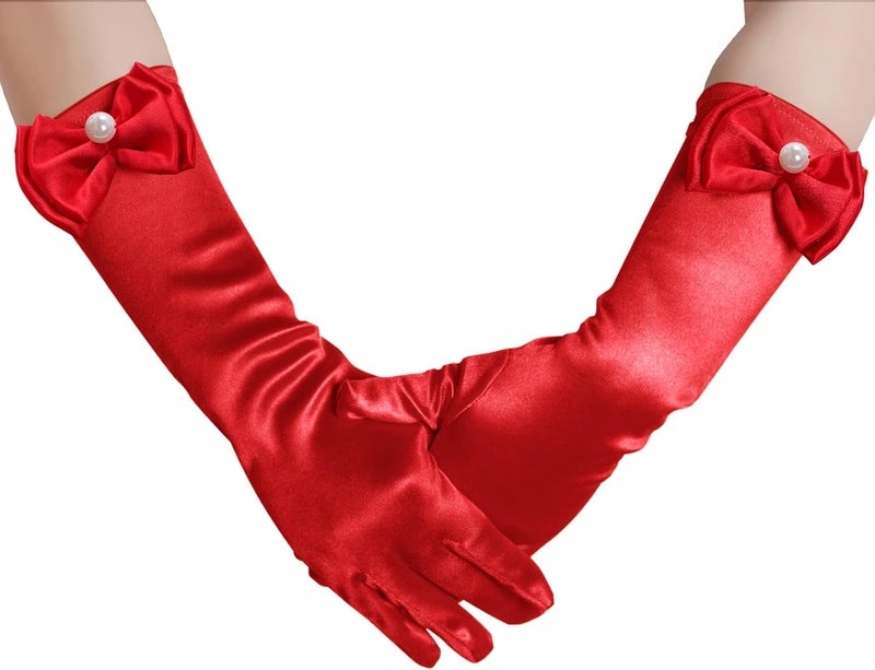 Yolyoo Girls Princess Gloves,Girl White Long Satin Princess Dress Up Diamonds Bows Gloves for Birthday,Wedding, Costume Party - Image 5