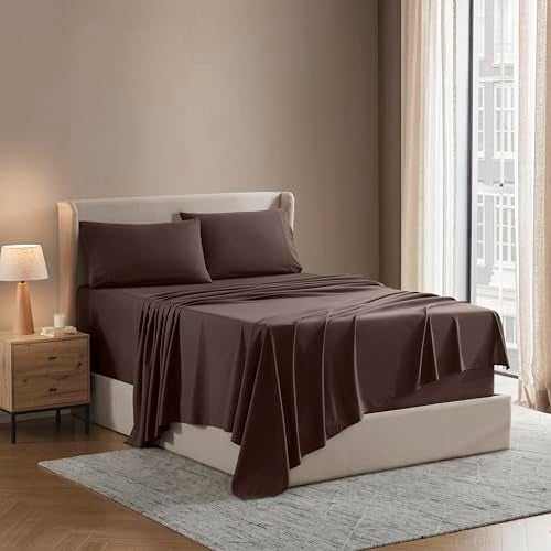 Nestl Short Queen Bed Sheet Set - Chocolate Brown - Instantly Soft Microfiber, No Break-in Wash - 4-Piece Deep Pocket Sheets & Pillowcases, Stays Put All Night