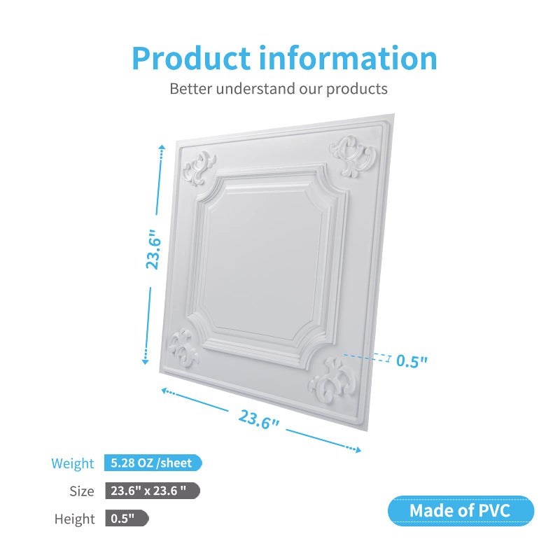 Art3d Drop Ceiling Tiles 24x24 in White (12-Pack, 48 Sq.ft), Wainscoting Panels Glue Up 2x2 - Image 5