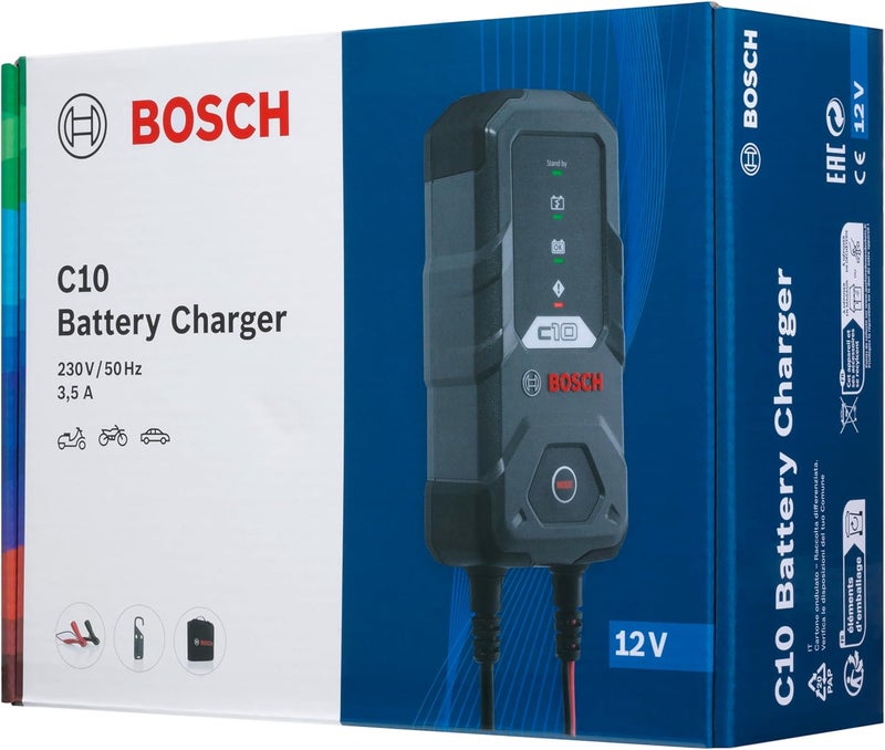 Bosch C10 Car Battery Charger - 3.5 Amp with Hold Function, for 12V Lead-Acid Batteries, AGM, GEL, EFB and VRLA Batteries - Image 2