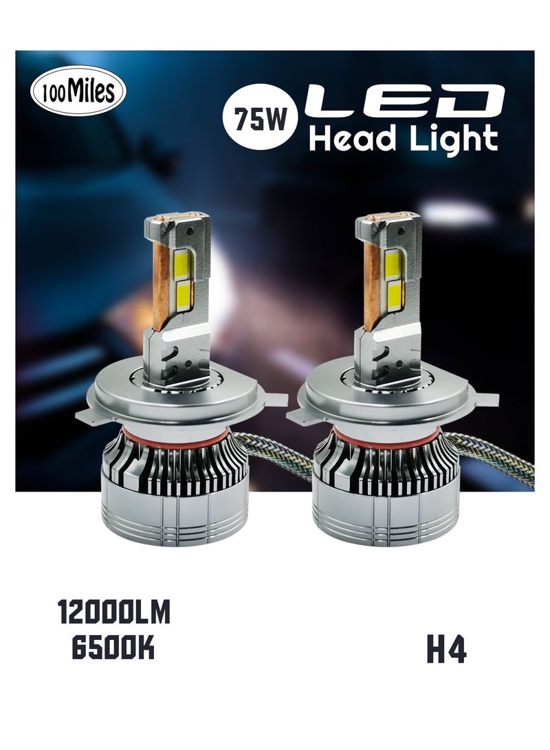 100مايلز مصباح أمامي للسيارة 100 ميل H4 LED - 75 وات طاقة عالية 12000LM 6500K مع نظام مروحة التبريد - Image 1