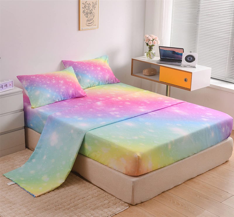 URLINENS URLINENS Rainbow Sheets Full Size 4 Piece  Tie Dye Pastel Girls Sheet Set for Kids Teens  Glitter Fun Girly Bed Sheets Soft Microfiber Rainbow Bedding Set 1 Fitted Sheet 1 Flat Sheet 2 Pillowcases  - Image 3