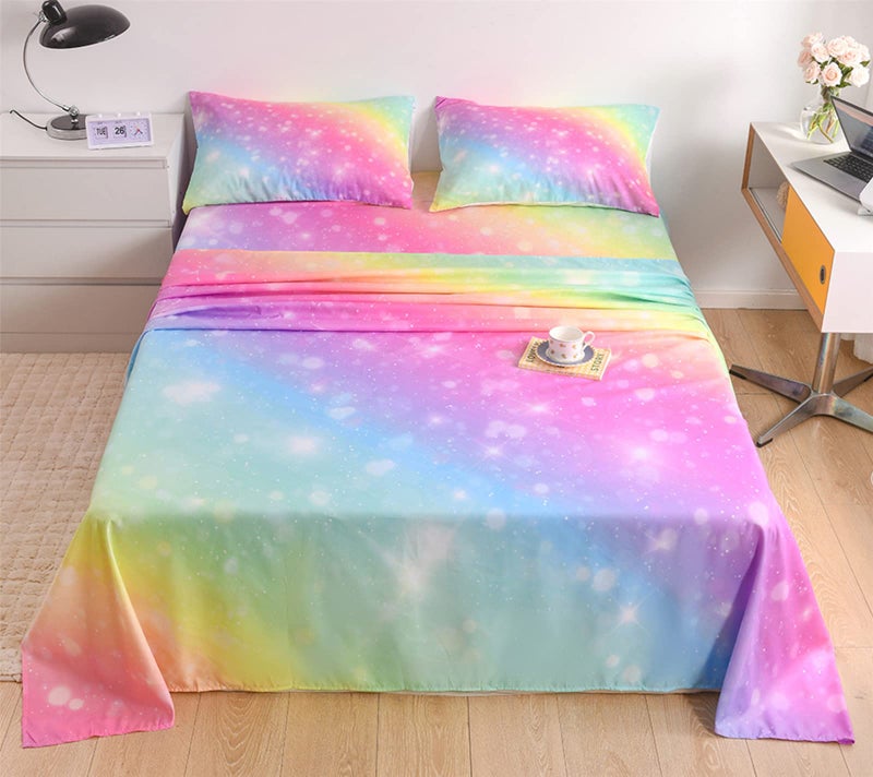 URLINENS URLINENS Rainbow Sheets Full Size 4 Piece  Tie Dye Pastel Girls Sheet Set for Kids Teens  Glitter Fun Girly Bed Sheets Soft Microfiber Rainbow Bedding Set 1 Fitted Sheet 1 Flat Sheet 2 Pillowcases  - Image 1