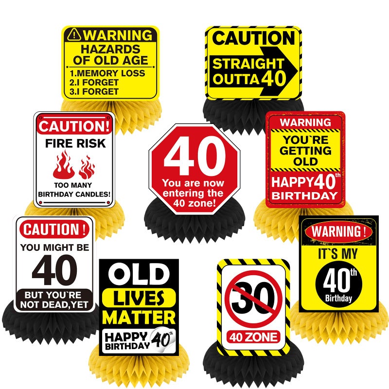 Woosytoo Funny 40th Birthday Decorations 9Pcs 40th Birthday Honeycomb Centerpieces for Adults 40 Years Old Party Decor Cheers to 40 Years Party Banner Table Topper Caution Logos Sign for Men Women - Image 3