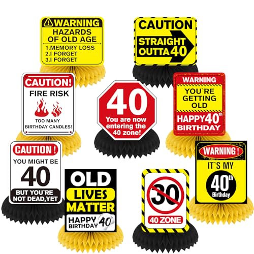 Woosytoo Funny 40th Birthday Decorations 9Pcs 40th Birthday Honeycomb Centerpieces for Adults 40 Years Old Party Decor Cheers to 40 Years Party Banner Table Topper Caution Logos Sign for Men Women - Image 1