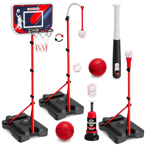HYES 4 in 1 Kids Basketball Hoop and Tball Set for Toddlers 35 Adjustable Hanging Tee Ball Stand with Automatic Baseball Pitching Machine Indoor Outdoor Sport Toys Birthday for Boys - Image 1