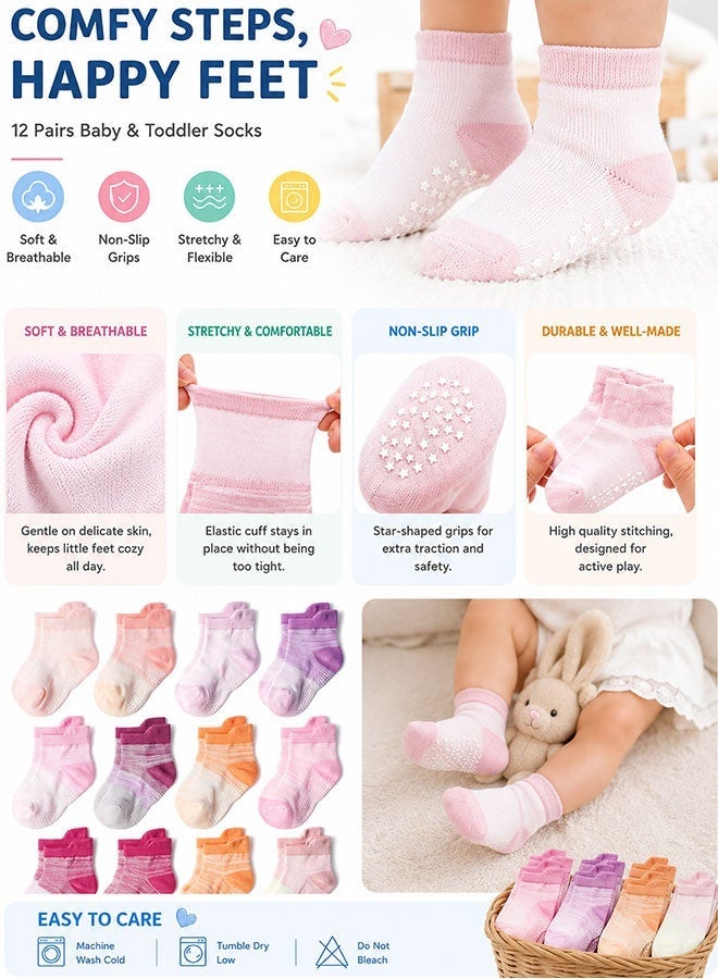 Super ZYouth 12 Pairs Baby Non Slip Socks for Toddlers Girls Boys, Soft Cotton Grip Socks with Anti Skid Soles, Breathable Stretchy Ankle Socks for Infant Baby Walking Crawling Daily Wear - Image 3