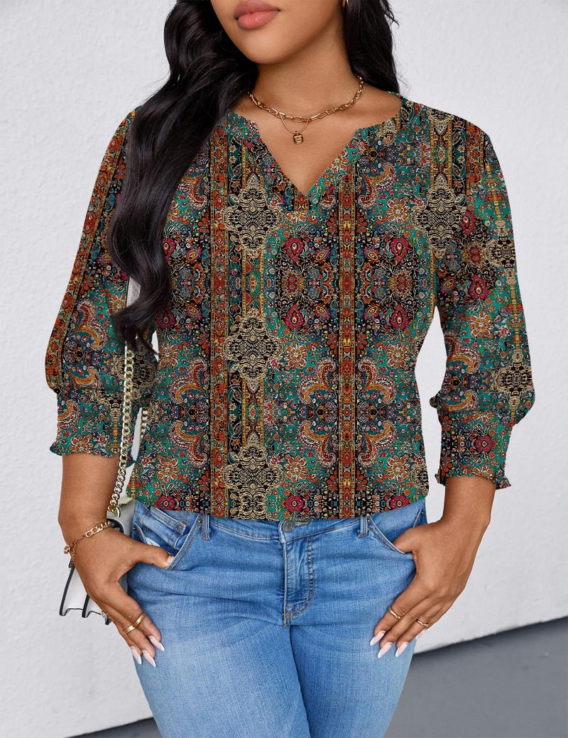 TFSDOD Boho Tops for Women 3/4 Sleeve T Shirts Business Casual Tops for Women V Neck Blouse Spring Fashion Plus Size Blouses 4X - Image 4