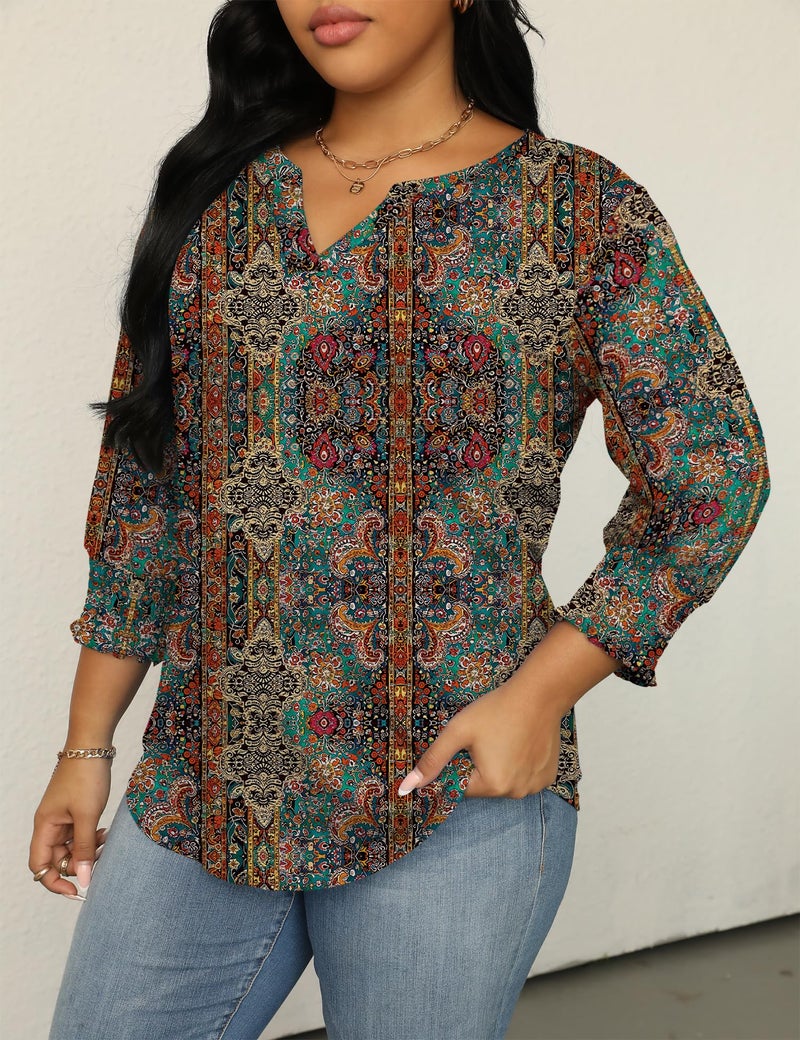 TFSDOD Boho Tops for Women 3/4 Sleeve T Shirts Business Casual Tops for Women V Neck Blouse Spring Fashion Plus Size Blouses 4X - Image 2