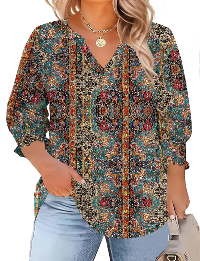TFSDOD Boho Tops for Women 3/4 Sleeve T Shirts Business Casual Tops for Women V Neck Blouse Spring Fashion Plus Size Blouses 4X - Image 1