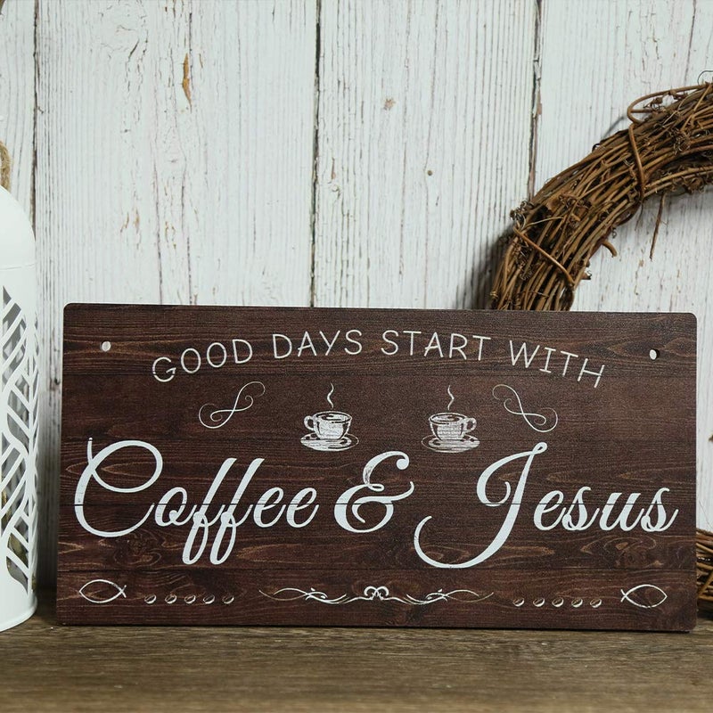 Putuo Decor Coffee Sign, Kitchen Coffee Bar Decor, 12 x 6 Hanging Plaque, Gifts for Coffee Lover (Good Days Start with Coffee & Jesus) - Image 2