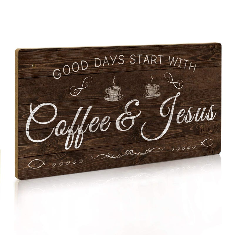 Putuo Decor Coffee Sign, Kitchen Coffee Bar Decor, 12 x 6 Hanging Plaque, Gifts for Coffee Lover (Good Days Start with Coffee & Jesus) - Image 1