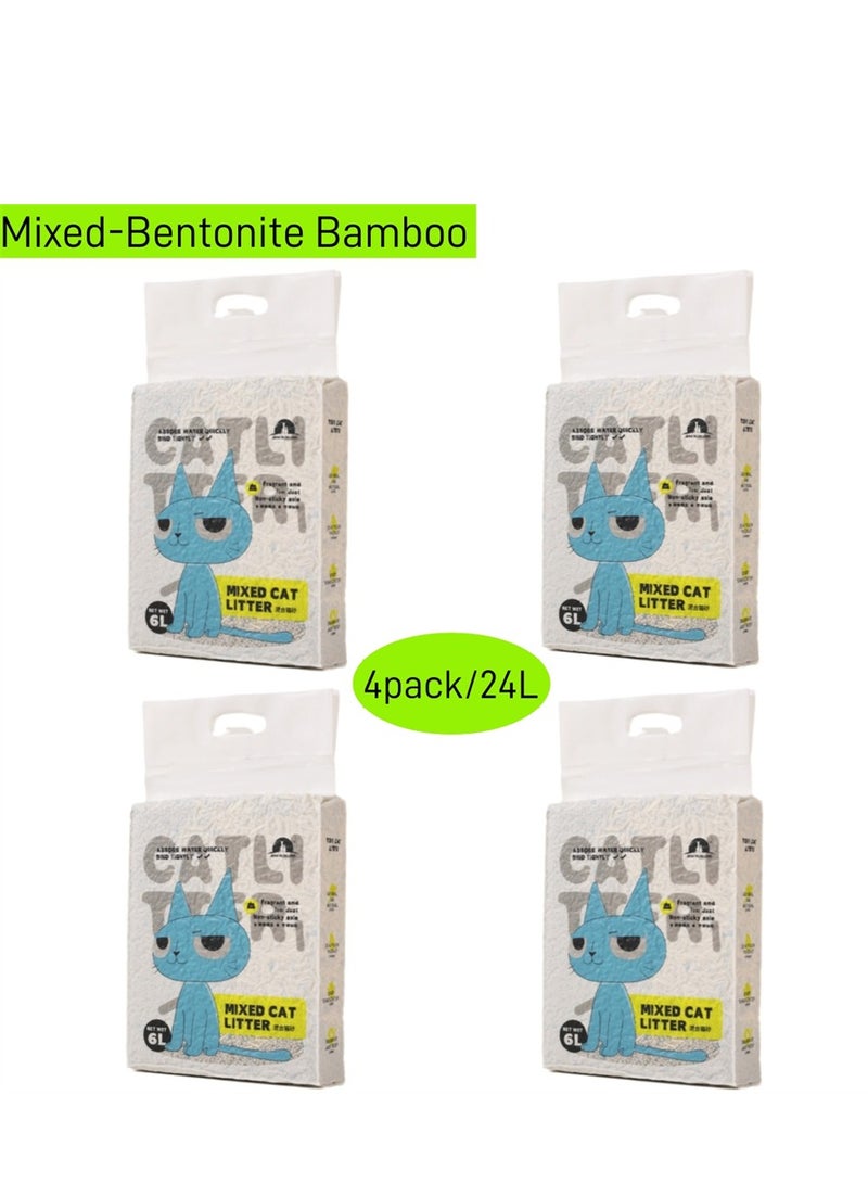 4 Packs Cat Litter, Clumping Biodegradable Absorbent Fragrance Soft Natural Been Tofu Cat Litter (Mixed Bentonite Bamboo, 4 Packs, 24L) - Image 1