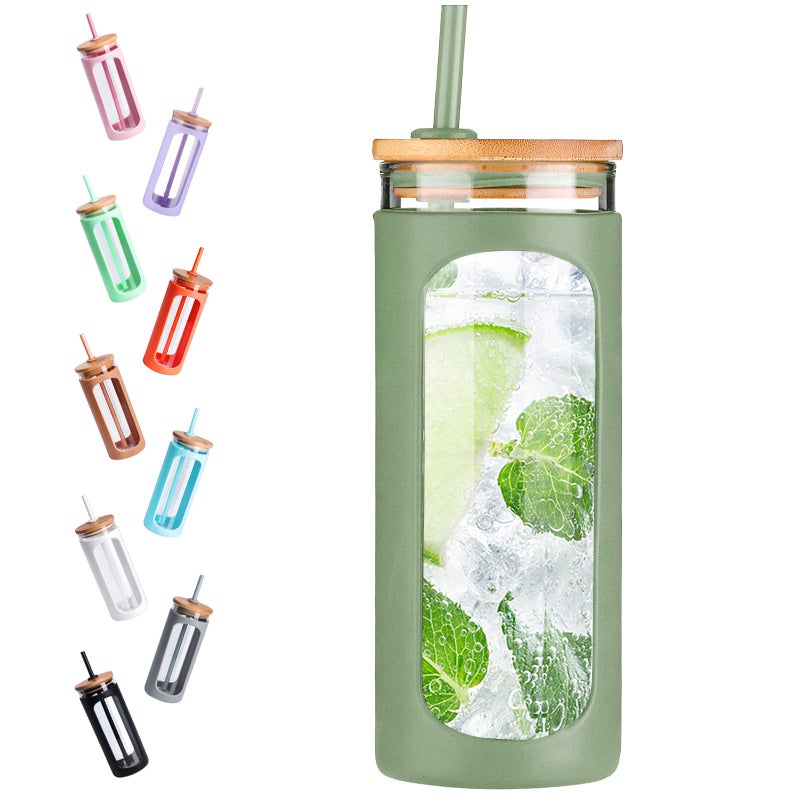 Kodrine 20oz Glass Tumbler with Straw and Lid Iced Coffee Cups with Bamboo Lids Glass Cups for Cold Drinks Smoothie Cup with Silicone Sleeve for Travel Work BPA FREEOlive