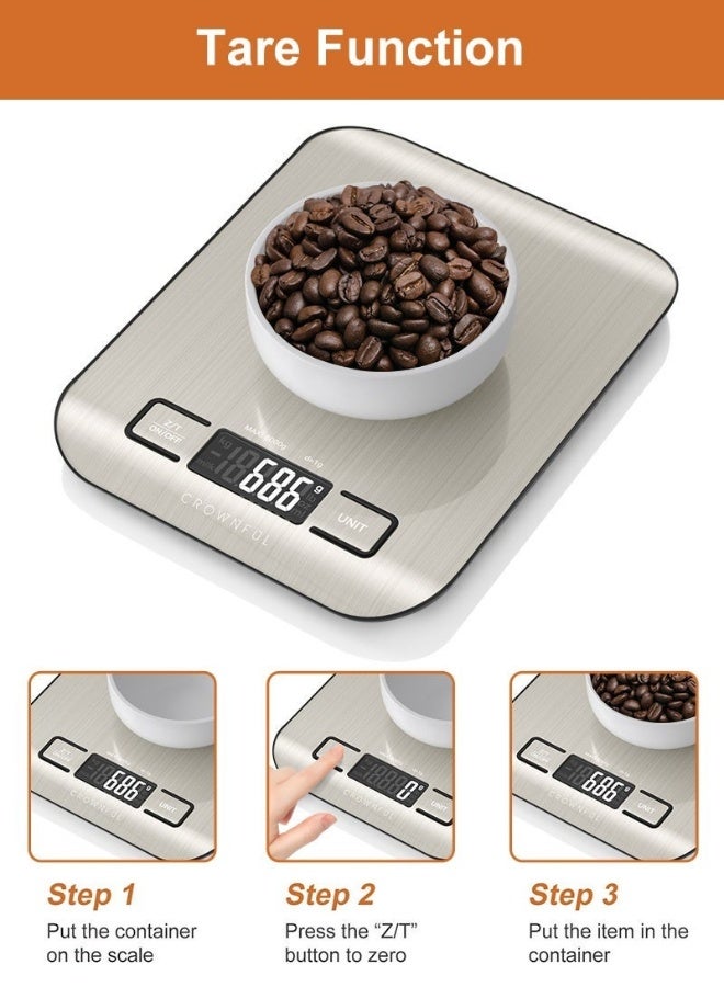 Crownful 15Kg Food Scale, Rechargeable 304 Stainless Steel Digital Kitchen Scale with LCD Display and Type-C Charging for Baking and Cooking - Image 3