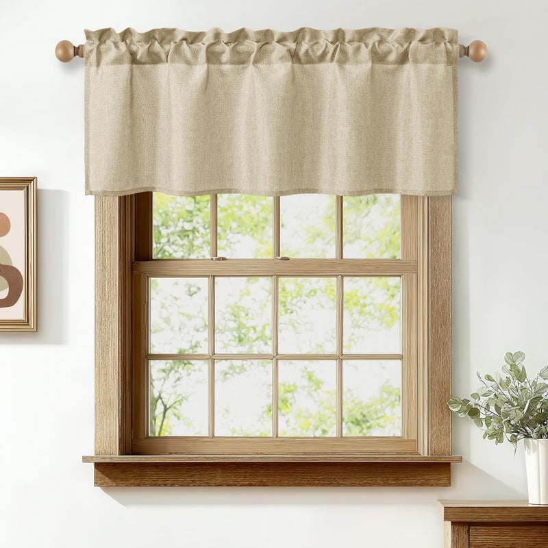 JIUZHEN Faux Linen Window Valance - Beige Light Filtering Rod Pocket Farmhouse Valances for Kitchen, Living Room, Bedroom, Bathroom, 42x18 Inch, 1 Panel - Image 1