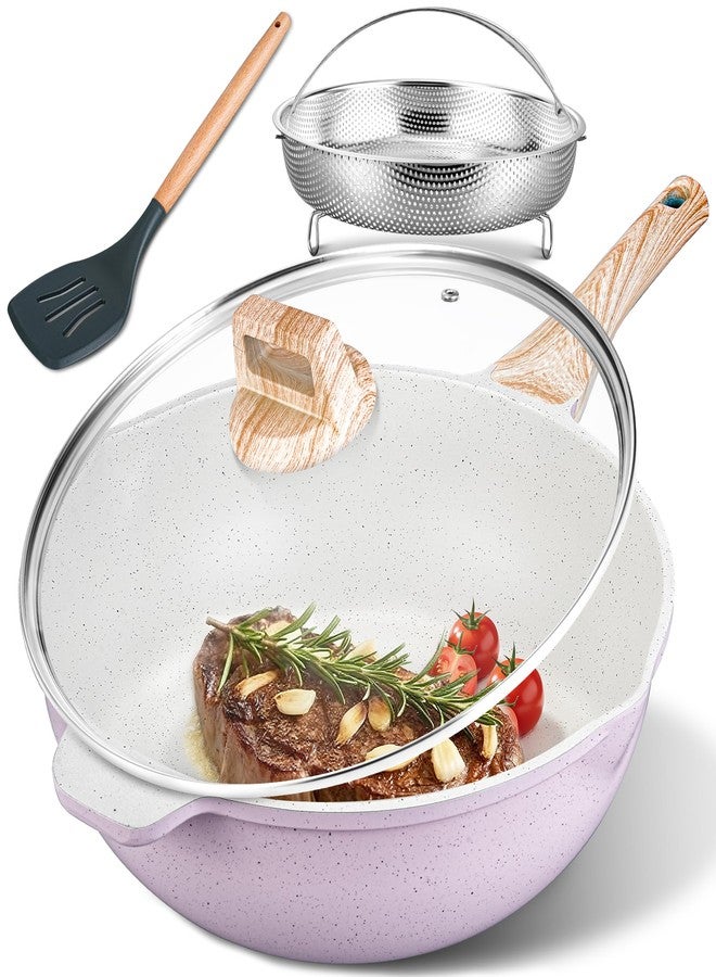 أوسيون مقلاة سيراميك غير لاصقة من أوسيون، مقاس 12 بوصة، سعة 5.5 لتر، مع غطاء، مقلاة كبيرة مزودة برف بخار، قدر طهي صحي كبير الحجم، مقبض بارد الملمس، متوافقة مع المواقد الحثية، خالية من مركبات PFOA وPFAS. (بنفسجي) - Image 1