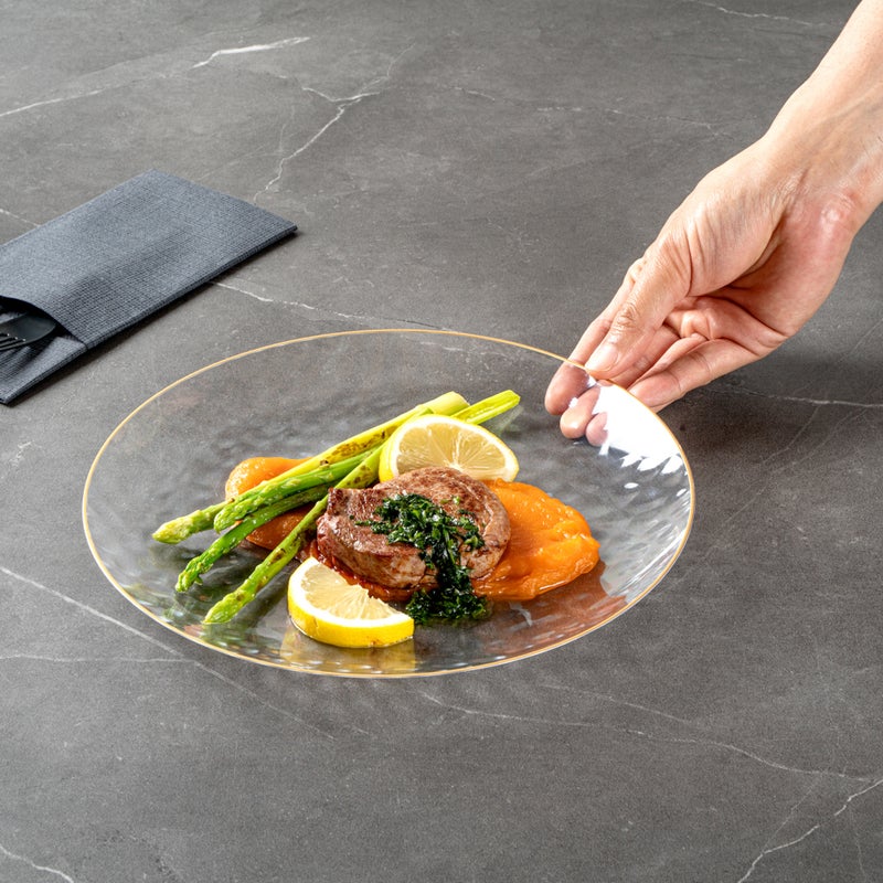 Restaurantware Restaurantware-Moderna 10 Inch Premium Disposable Plates, 200 Durable Plastic Plates For Parties - Gold-rimmed, Heavy-duty, Clear Plastic Dinner Plates, For Warm And Cold Foods, Ideal For Restaurants - Image 5