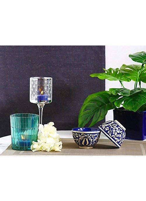 Caffeine Caffeine Ceramic Handmade Blue Mughal Combo Dinner Set (Set of 3) 1 10" Dinner Plate & 2 Katori Bowl 200ml  - Image 2