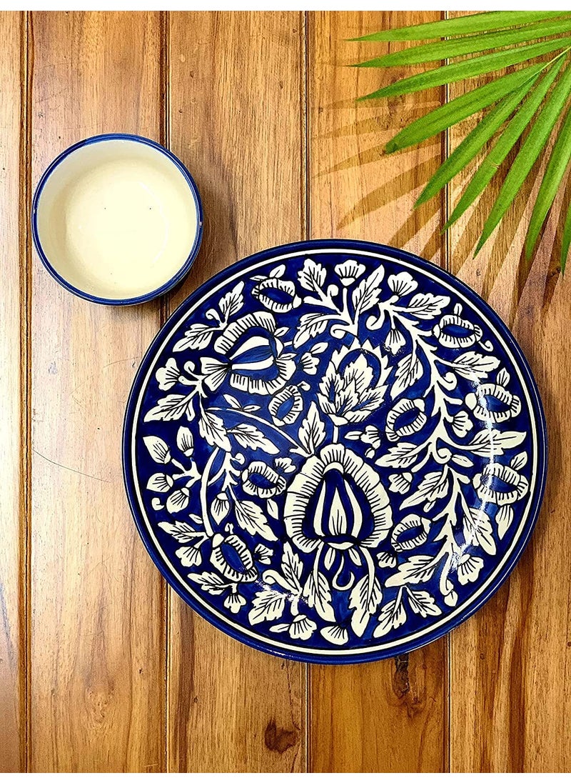 Caffeine Caffeine Ceramic Handmade Blue Mughal Combo Dinner Set (Set of 3) 1 10" Dinner Plate & 2 Katori Bowl 200ml  - Image 5