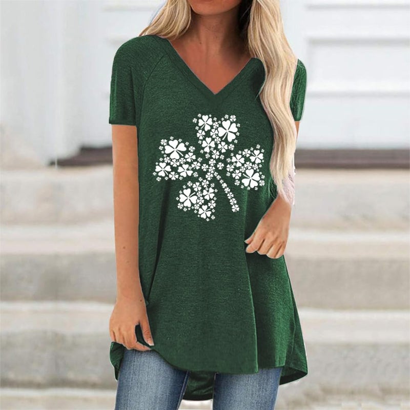 KKG Womens St Patricks Day Shirt Shamrock Long Tunics or Tops to Wear with Leggings Plus Size, Loose Fit V Neck Short Sleeves - Image 2