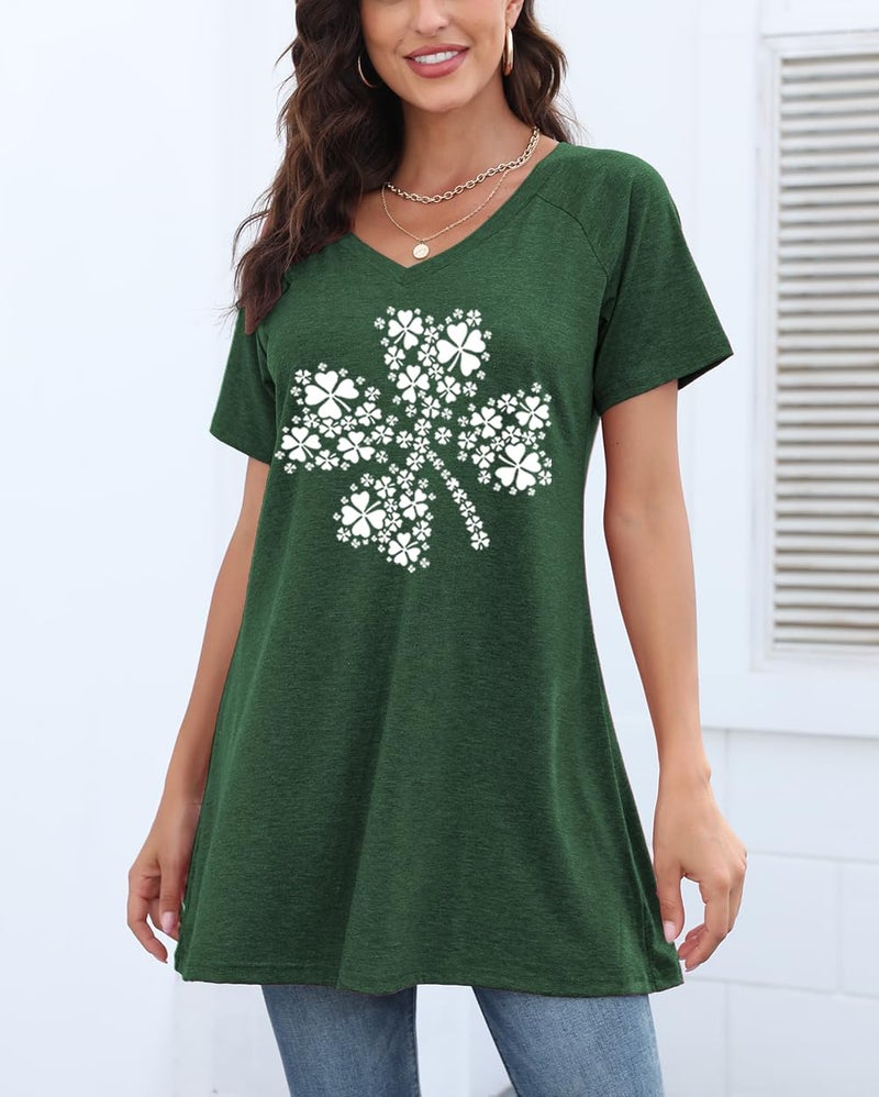 KKG Womens St Patricks Day Shirt Shamrock Long Tunics or Tops to Wear with Leggings Plus Size, Loose Fit V Neck Short Sleeves - Image 3