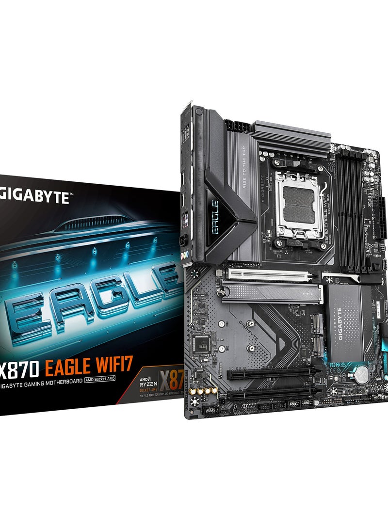 جيجابايت لوحة أم X870 EAGLE WIFI7 (الإصدار 1.x) ATX – مقبس AMD AM5، شريحة X870، 14+2+2 VRM رقمي مزدوج، DDR5 حتى 8000+MHz (OC)، PCIe 5.0 x16، 3× M.2 (1× PCIe 5.0، 2× PCIe 4.0)، USB4 40Gbps نوع-C، واي فاي 7 ثلاثي النطاق، LAN بسرعة 2.5GbE، HDMI، 4× SATA III، RGB Fusion، Q-Flash، EZ-Latch، دعم Smart Fan 6 - Image 1