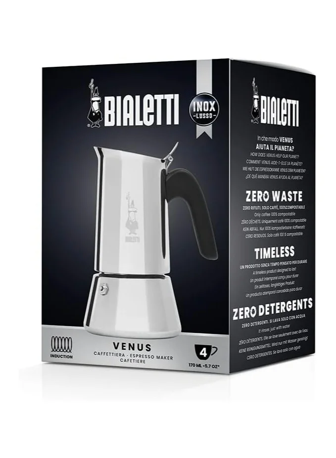 BIALeTTI New Venus Induction Stovetop Coffee Maker Suitable For All Types Of Hobs Stainless Steel Silver 4 Cups 5.7 Oz