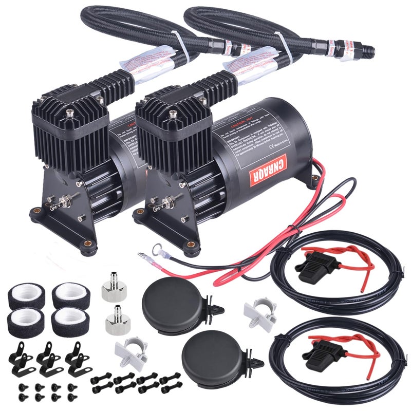 CNRAQR 2PCS 150PSI Heavy Duty Air Train Horn/Air Ride Suspension Compressor 1/4NPT 12V for Car Horns/Pneumatic Suspension Systems/Pneumatic Tools/Car Tires Black - Image 1