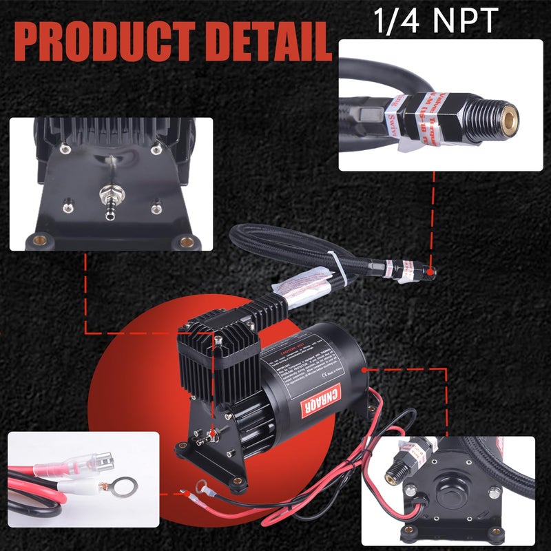 CNRAQR 2PCS 150PSI Heavy Duty Air Train Horn/Air Ride Suspension Compressor 1/4NPT 12V for Car Horns/Pneumatic Suspension Systems/Pneumatic Tools/Car Tires Black - Image 2