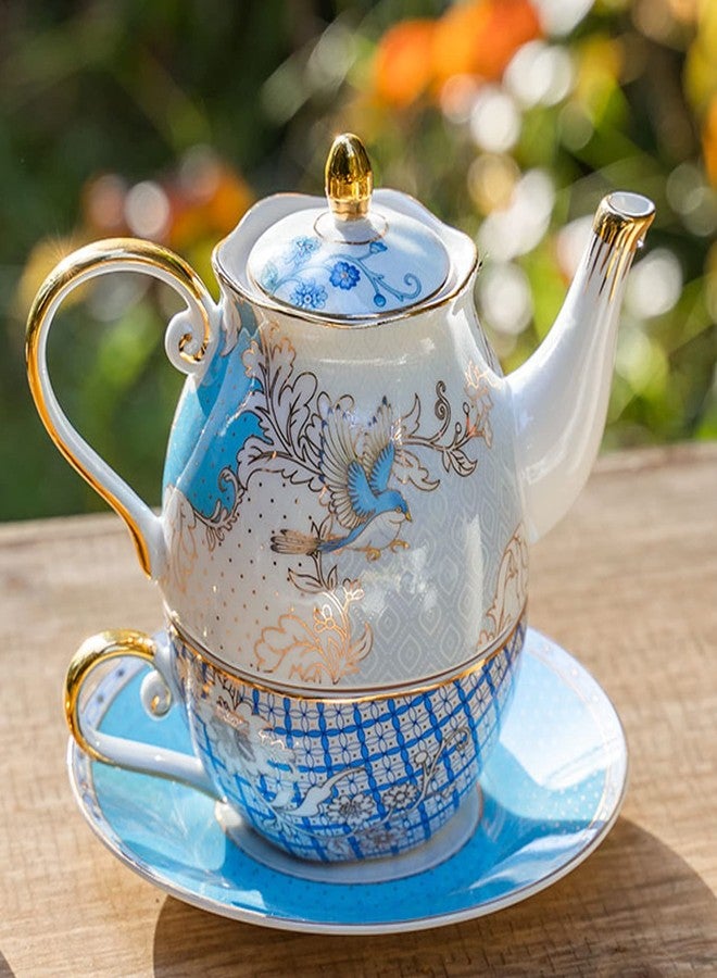 ACMLIFE Tea for One Teapot and Cup, Vintage Floral Porcelain Tea Set for One, Bone China Teapot with Cup Set, Tea Pot Gift for Women (Blue-B) - Image 3