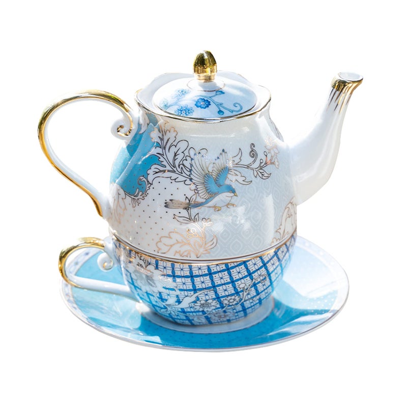 ACMLIFE Tea for One Teapot and Cup, Vintage Floral Porcelain Tea Set for One, Bone China Teapot with Cup Set, Tea Pot Gift for Women (Blue-B) - Image 1