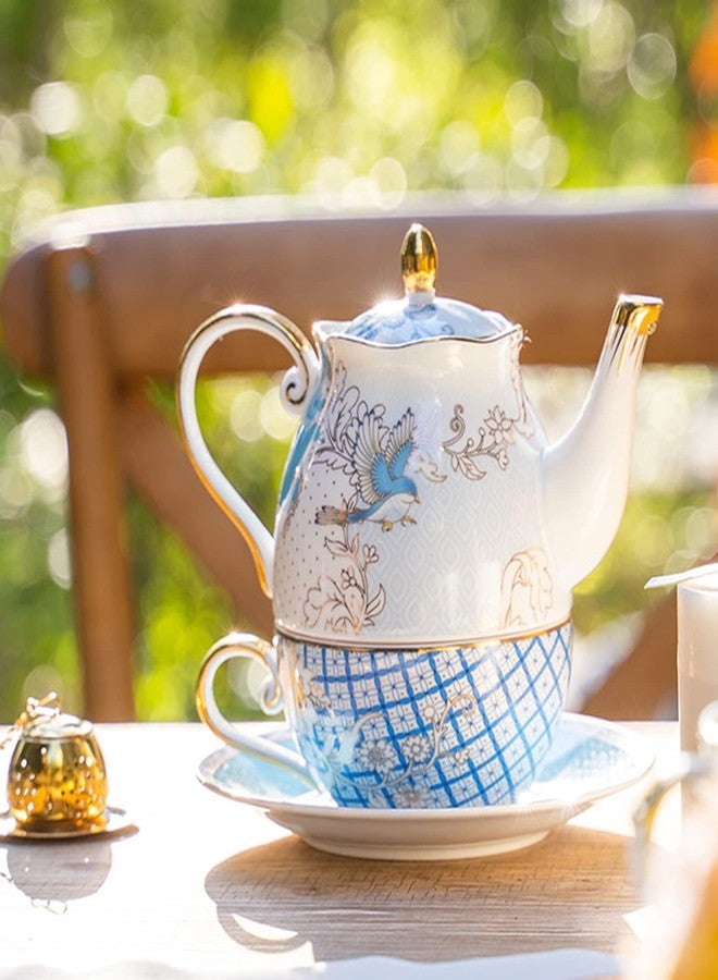 ACMLIFE Tea for One Teapot and Cup, Vintage Floral Porcelain Tea Set for One, Bone China Teapot with Cup Set, Tea Pot Gift for Women (Blue-B) - Image 2