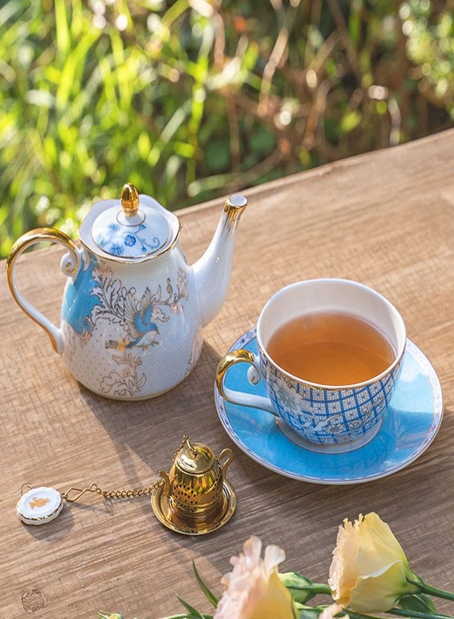 ACMLIFE Tea for One Teapot and Cup, Vintage Floral Porcelain Tea Set for One, Bone China Teapot with Cup Set, Tea Pot Gift for Women (Blue-B) - Image 4