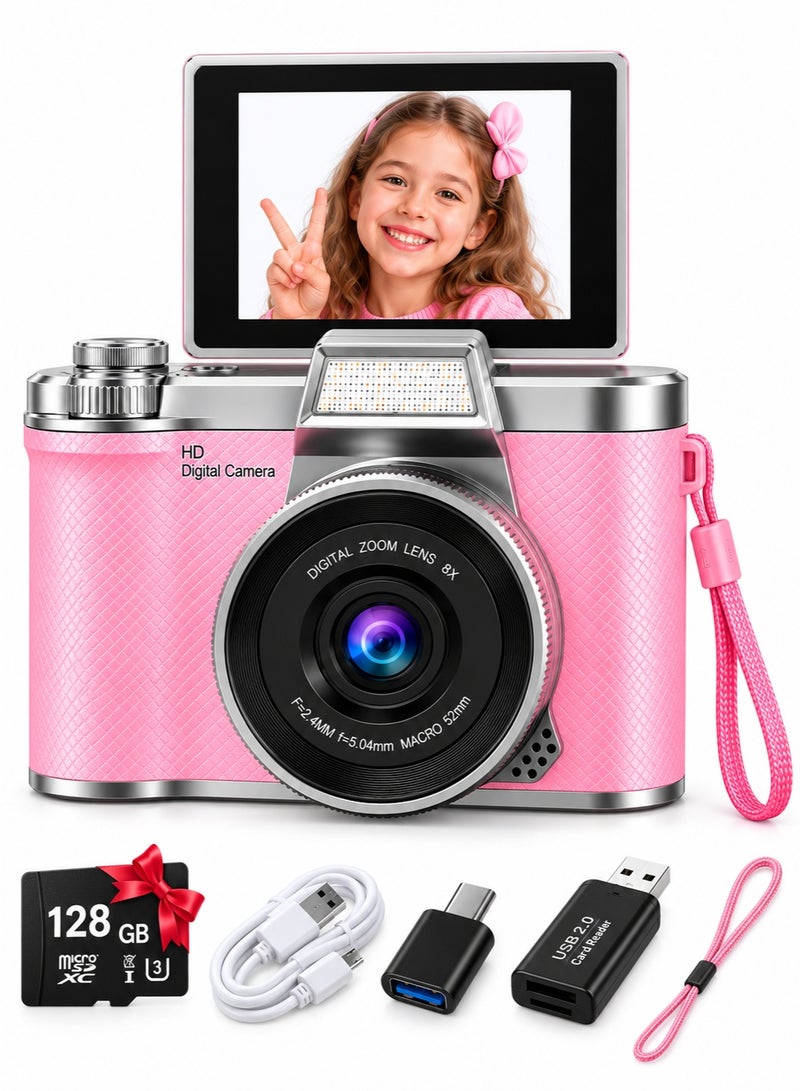 Kids Digital Camera With 128GB Memory Card, 1080P HD Video, 2.4-Inch 180-Degree Flip Screen, 8X Digital Zoom, Image Stabilization and LED Fill Light - Image 1