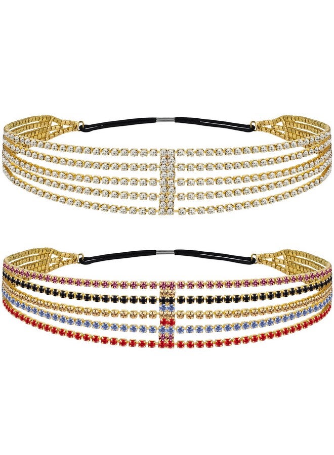 ANCIRS 2 Pack Multi Layered Elastic Headband For Women Adjustable Rhinestone Bridal Headpieces Stretchy Crystal Jewelry Hair Bands Accessories For Girls - Image 1
