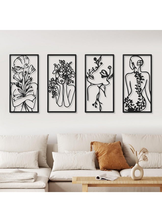 Cindeer - 4 Pcs Metal Minimalist Abstract Woman Wall Art Line Drawing Wall Art Decor Minimalist Single Line Art Female Home Hanging Wall Art Decor For Bedroom Kitchen Bathroom Living Room (Black, Fresh) - Image 1
