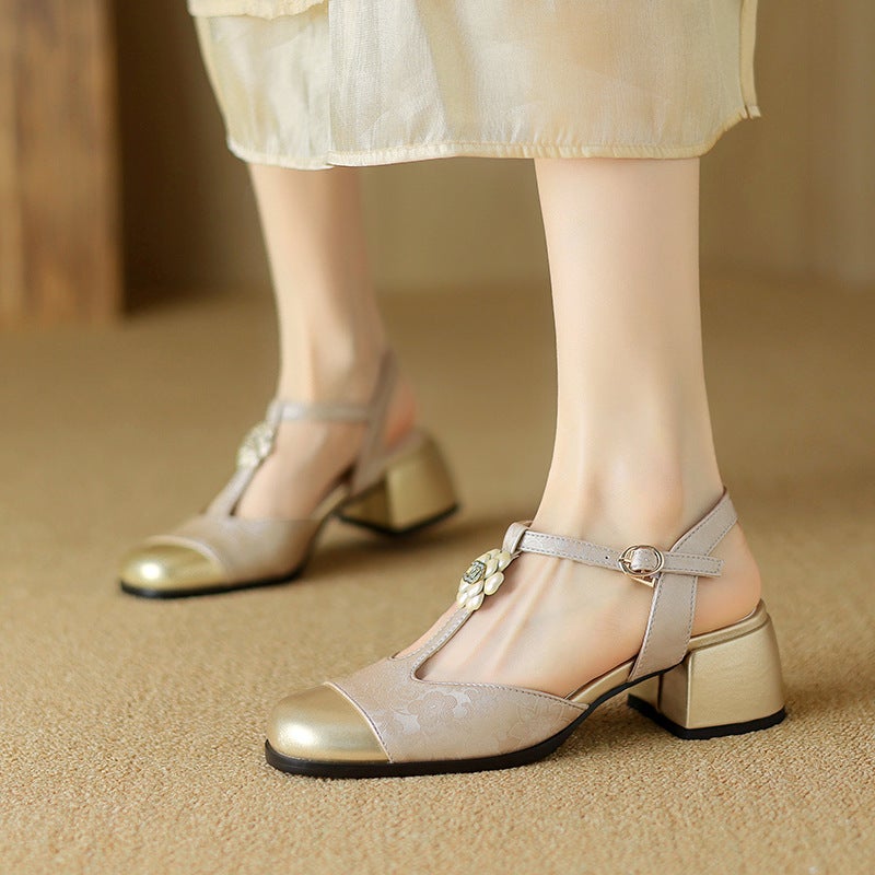Wish 2024 Summer Mid-Heel Guofeng Flowers 33-43 Size Square Head Buckle Color-Matching Sandals - Image 2