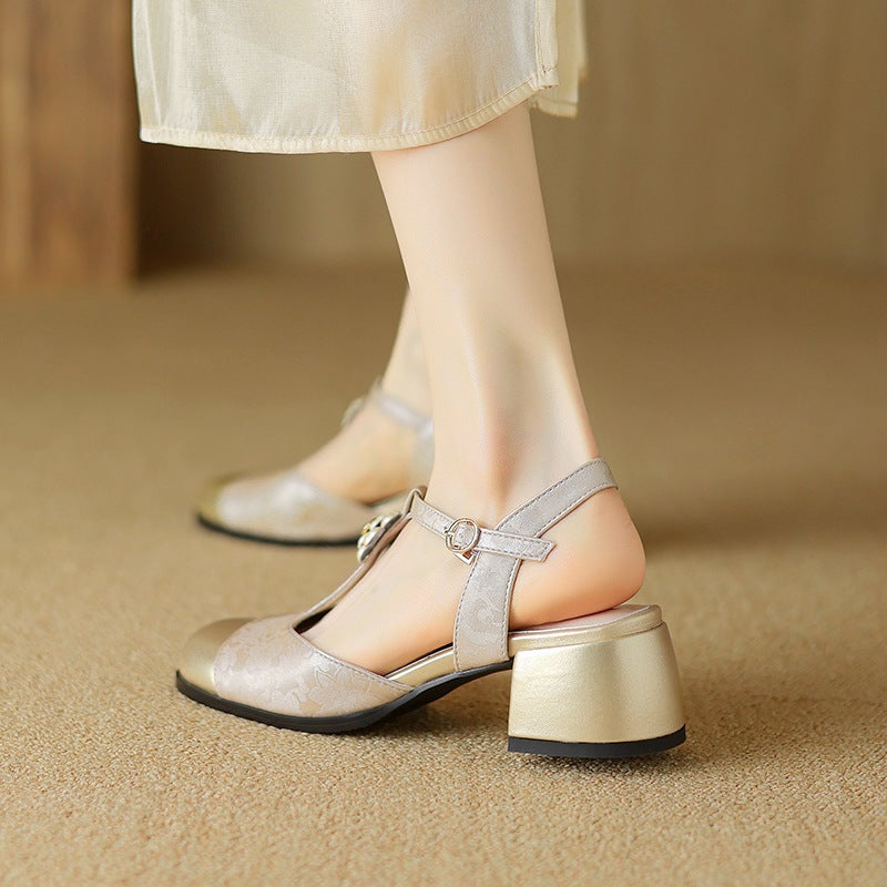 Wish 2024 Summer Mid-Heel Guofeng Flowers 33-43 Size Square Head Buckle Color-Matching Sandals - Image 3