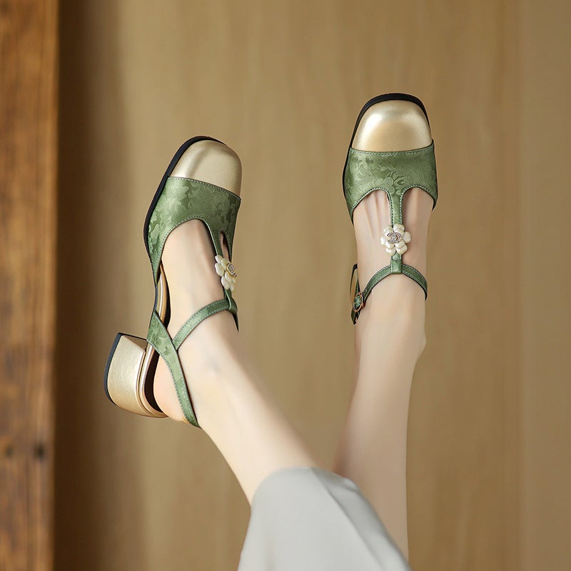 Wish 2024 Summer Mid-Heel Guofeng Flowers 33-43 Size Square Head Buckle Color-Matching Sandals - Image 5